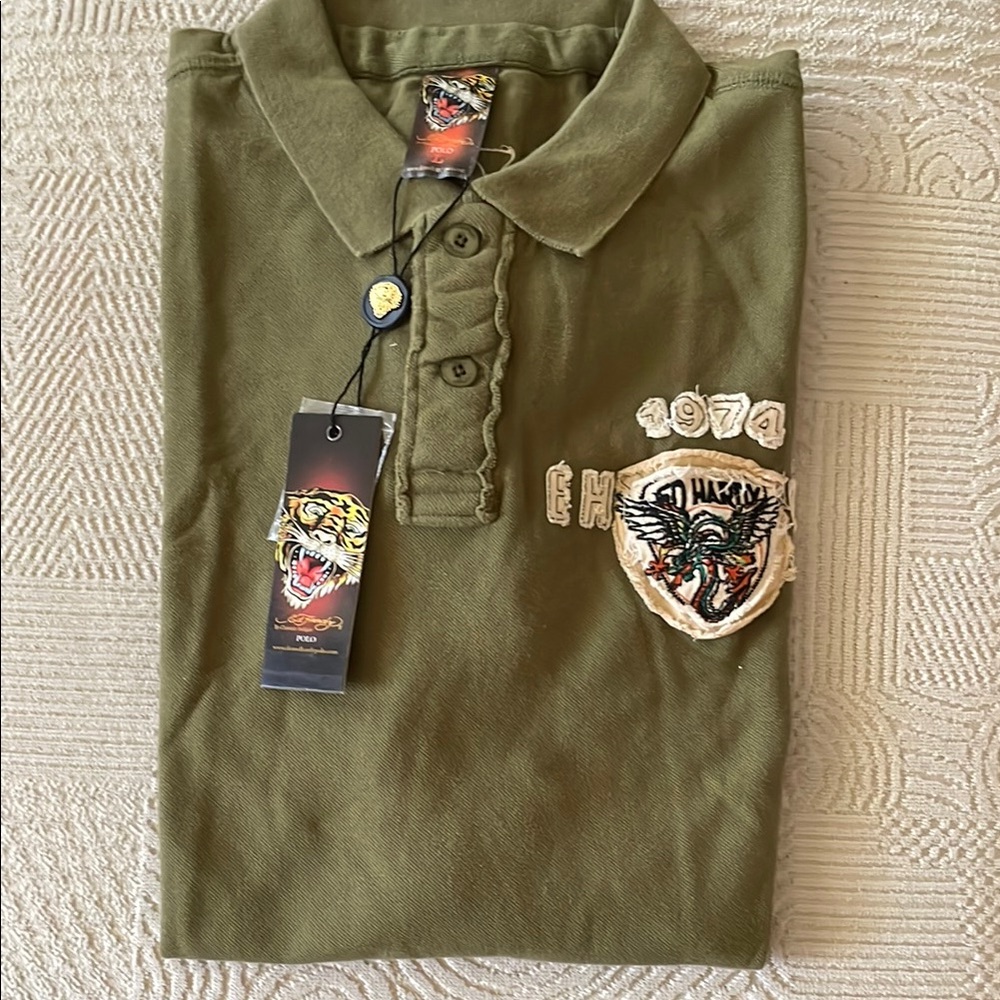 Vintage Ed Hardy Olive Polo Shirt with Embroidered Design